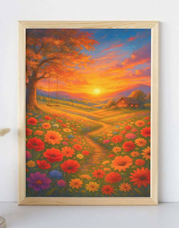 Countryside Sunset Meadow Rustic Art