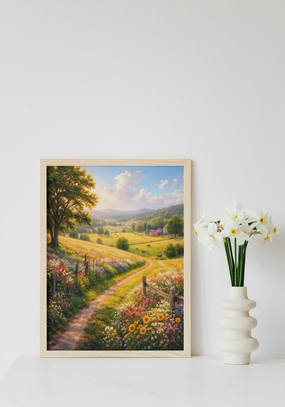 Sunlit Countryside Fields Path Wall Art