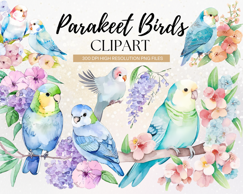 Watercolor Parakeet Birds Clipart
