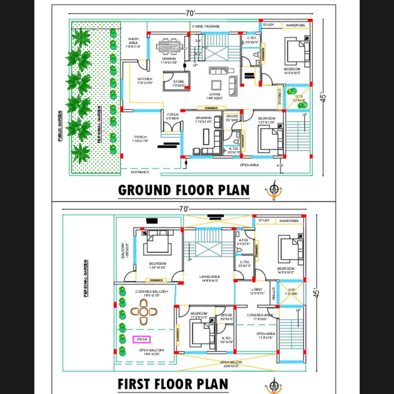 70'X45' 5BHK (G+1) WEST FACING PLAN