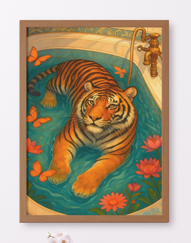 Trendy Tiger in Bathtub Wall Art Print