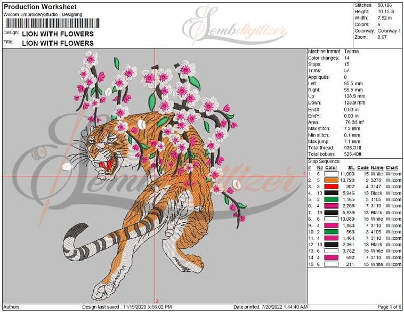 Lion with flowers embroidery design dst