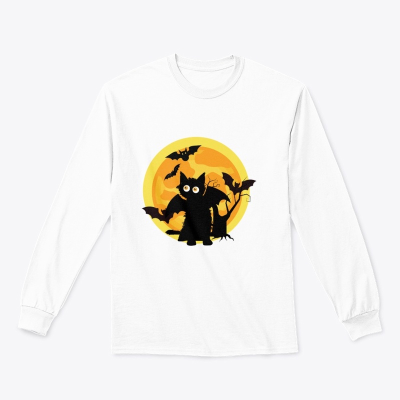Halloween cat, bats, and moon silhouette