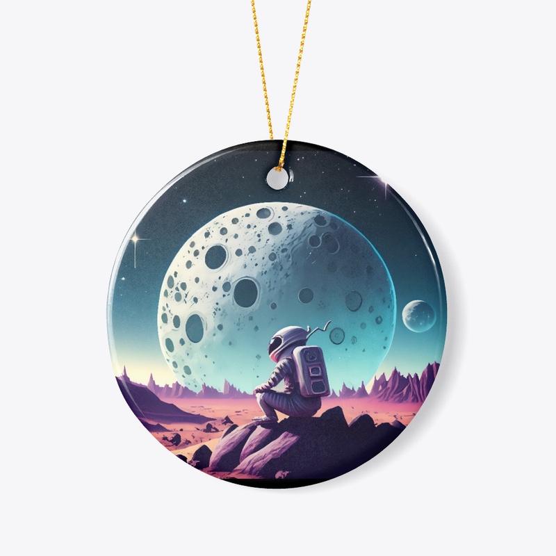 A spaceman sat infront of a planet