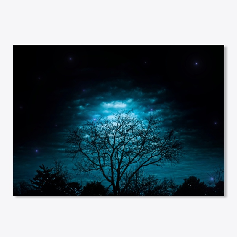 blue glowing tree at night