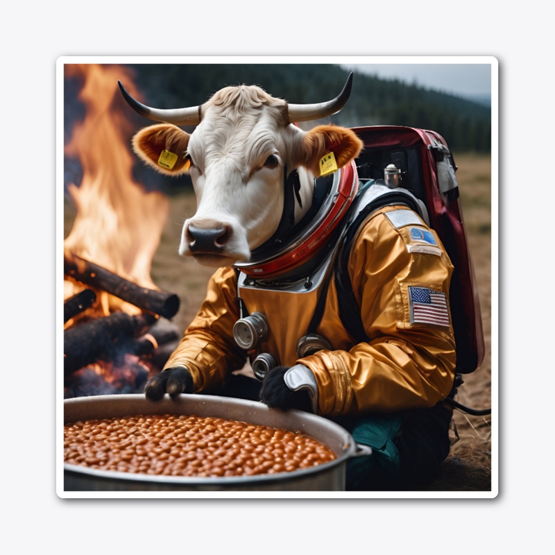 A cow eating baked beans