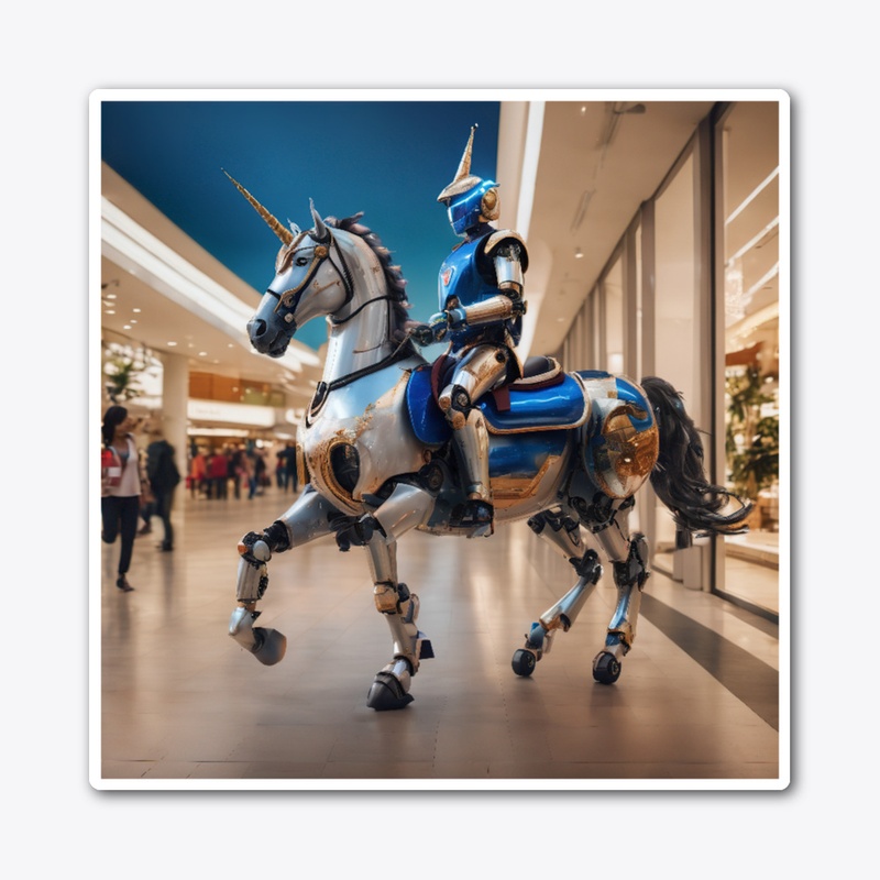 A robot on a unicorn
