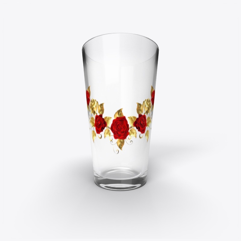 Gold Rose Design On Pint Glass