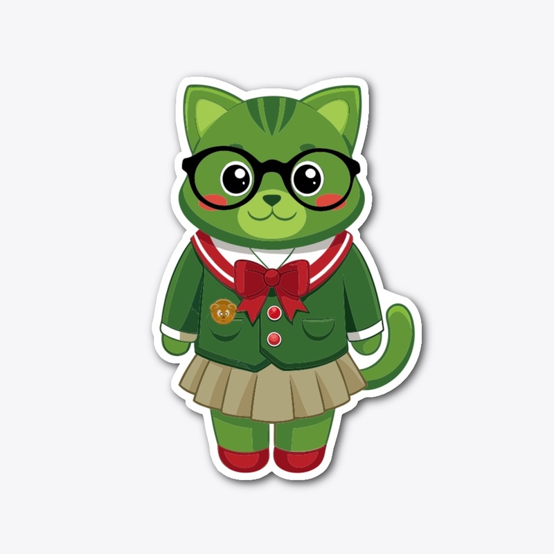 CAT NERD GIRL STICKER, KAWAII, GREEN
