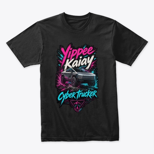 Black tee with Yippee Kaiay Cyber Trucker artwork