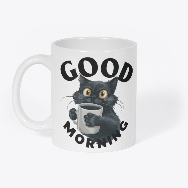 CYTE BLACK CAT WITH CUP OF COFFEE