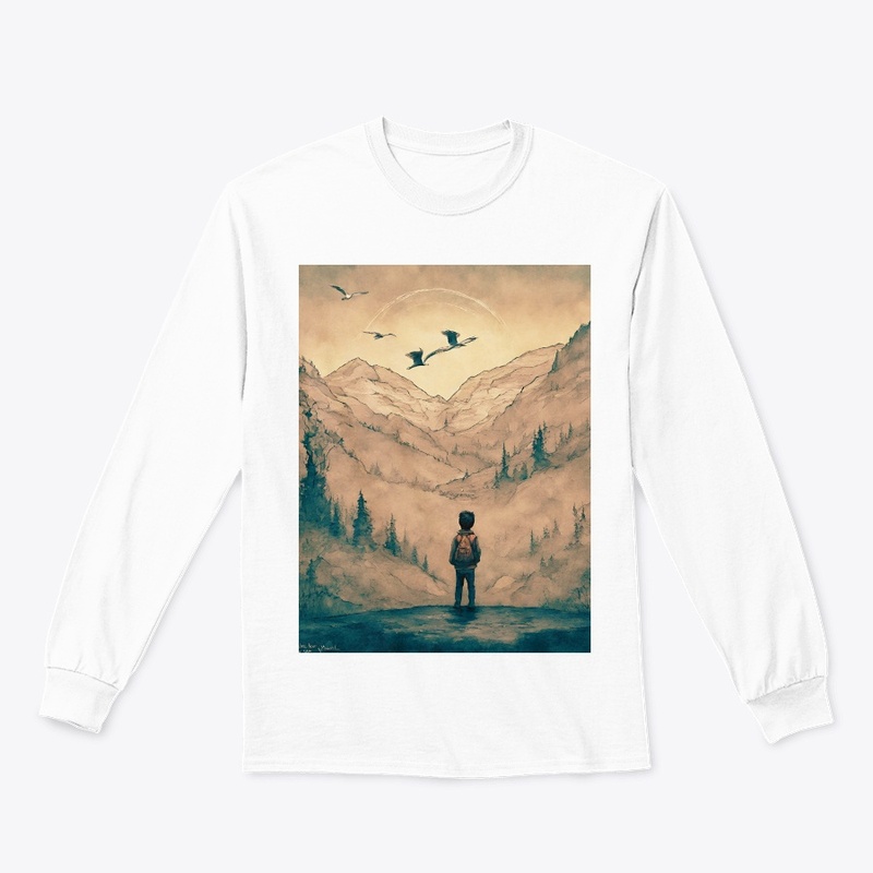 A boy standing between mountains 