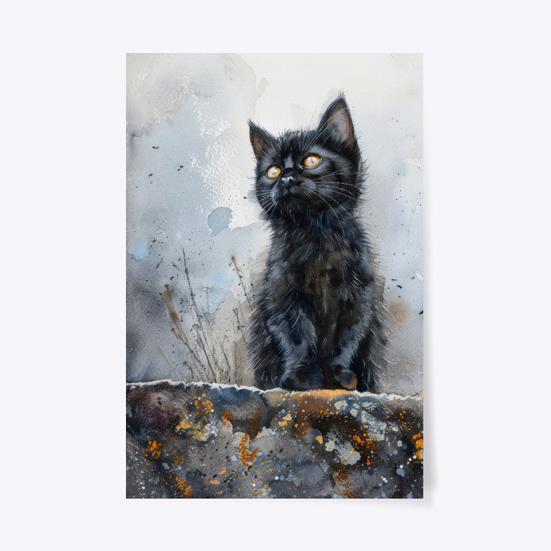 Fluffy Black Kitten Watercolor Wall Art