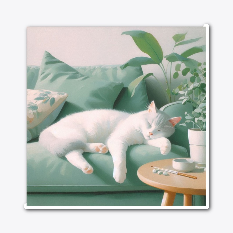 oil painting of a white cat sleeping 