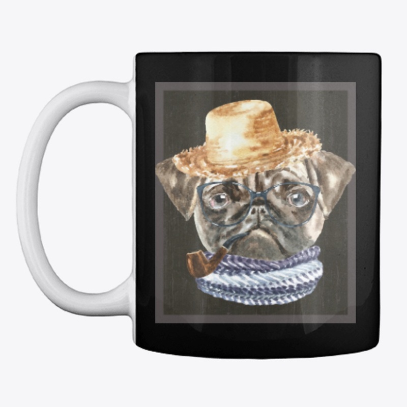 Pug Straw Hat Black Glasses Scarf Pipe