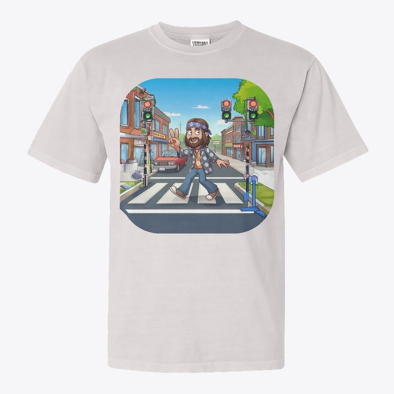 A hippie crossing a street