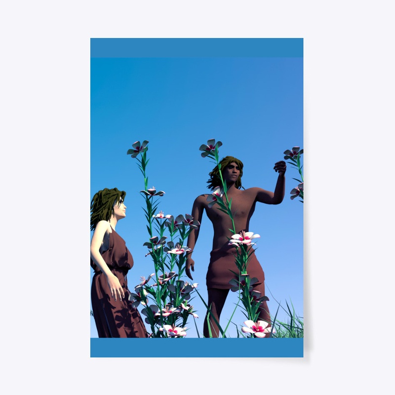 Adam and Eve looking at some flowers