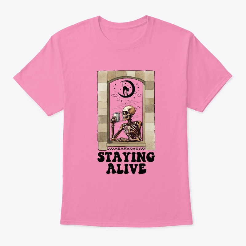 Staying Alive Skeleton Drinking Coffee