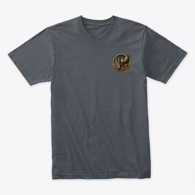 t-shirt features eagle the city skyline.