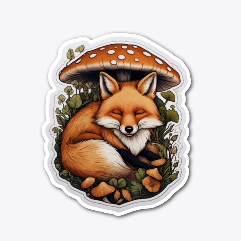 Sleepy Fox Under Mushroom Sticker