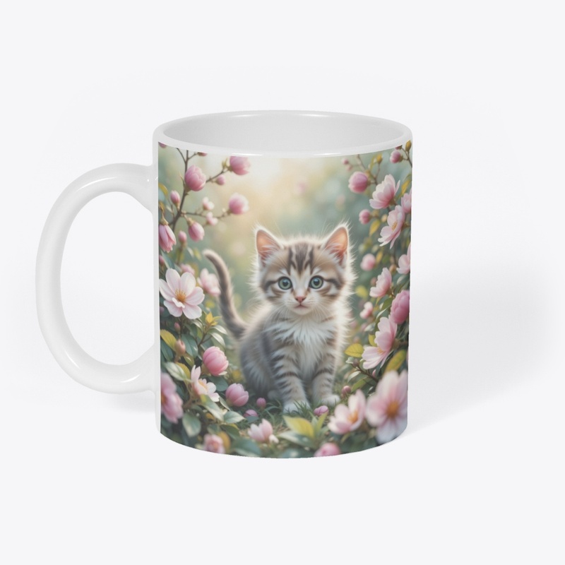 A kitten playing in a flower garden 