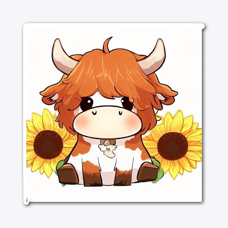 Shaggy cow and sunflowers