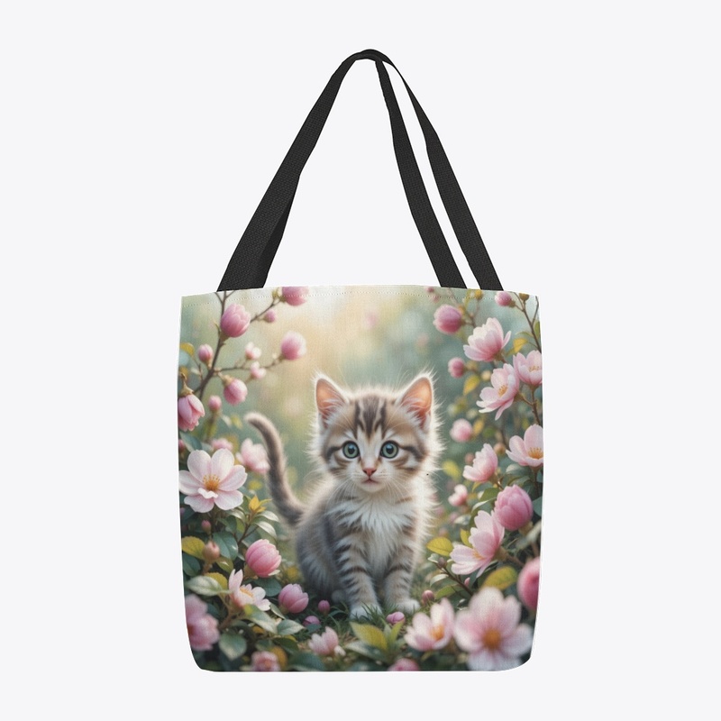 A kitten playing in a flower garden 