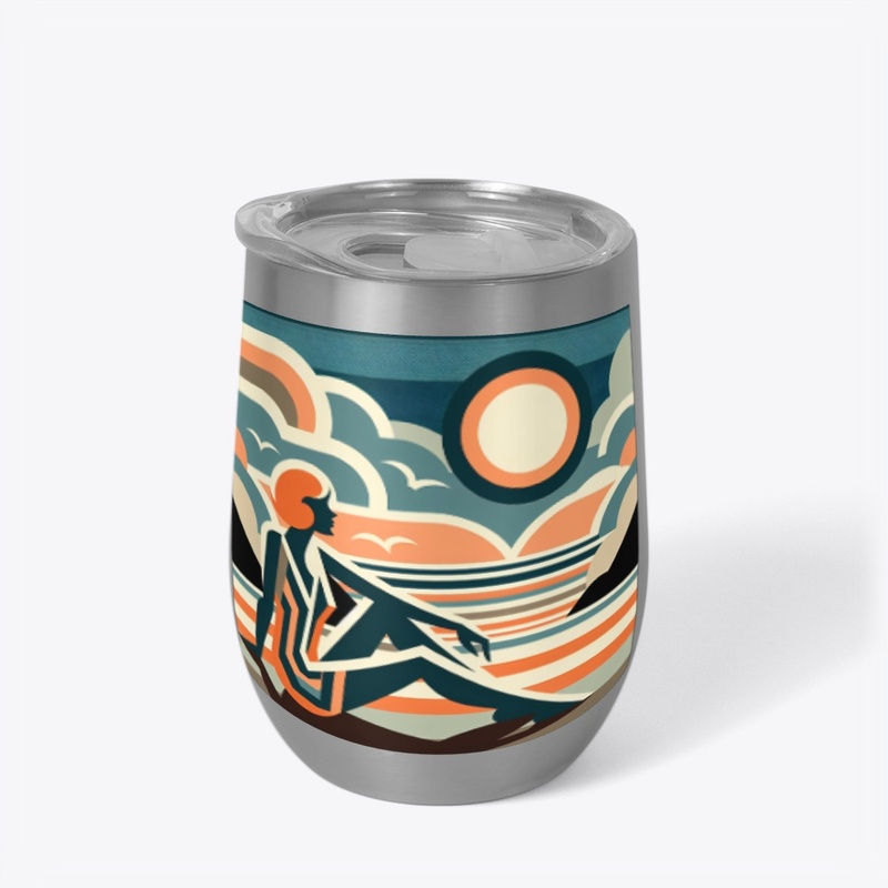 Woman on Beach at Sunset Art Deco Design