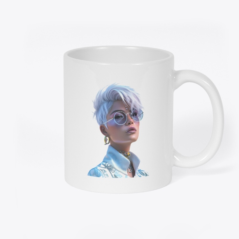 White-haired woman with glasses 