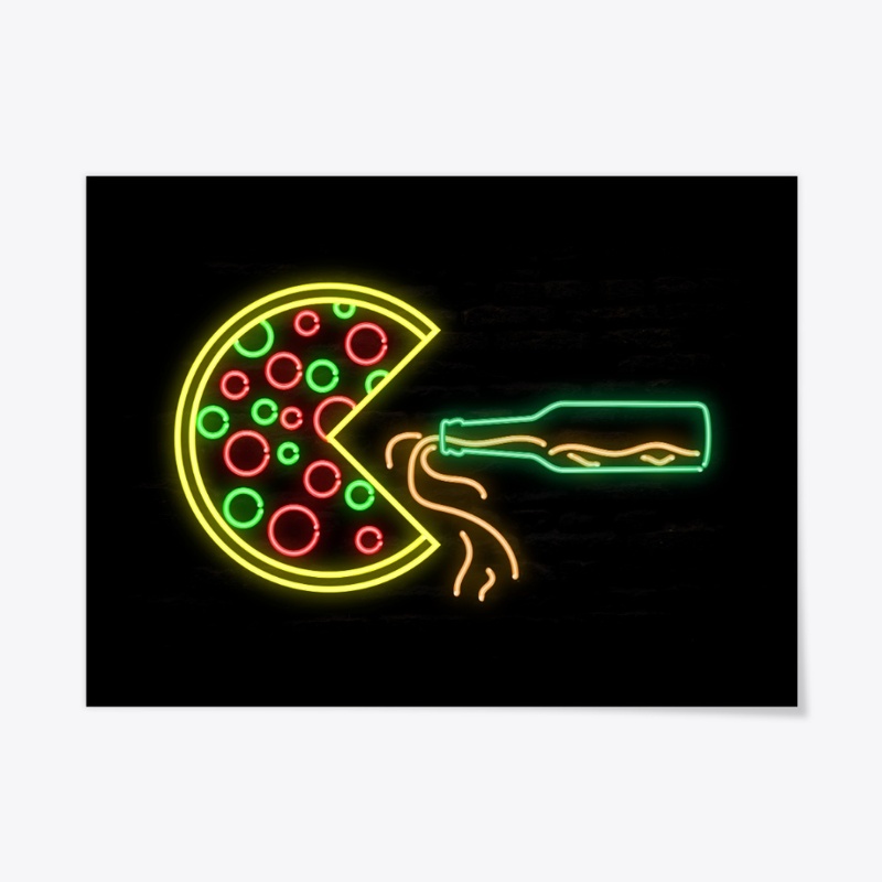 Packman Pizza Drinking Beer Neon
