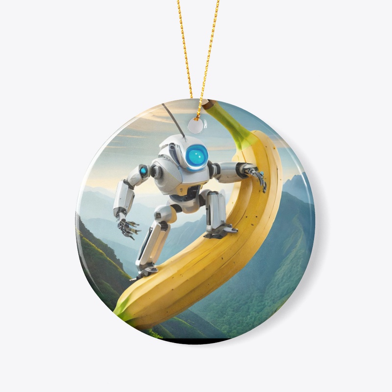 A robot riding a banana