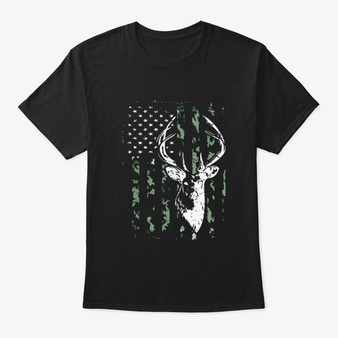 Camouflage American Flag Deer Hunting Black T-Shirt Front