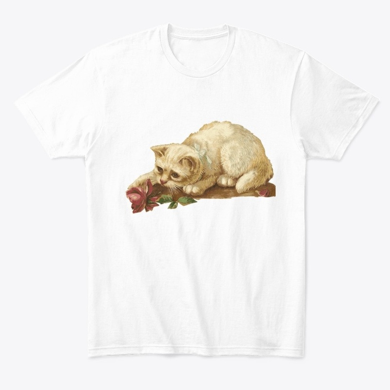 Ginger cat playing with rose t shirt