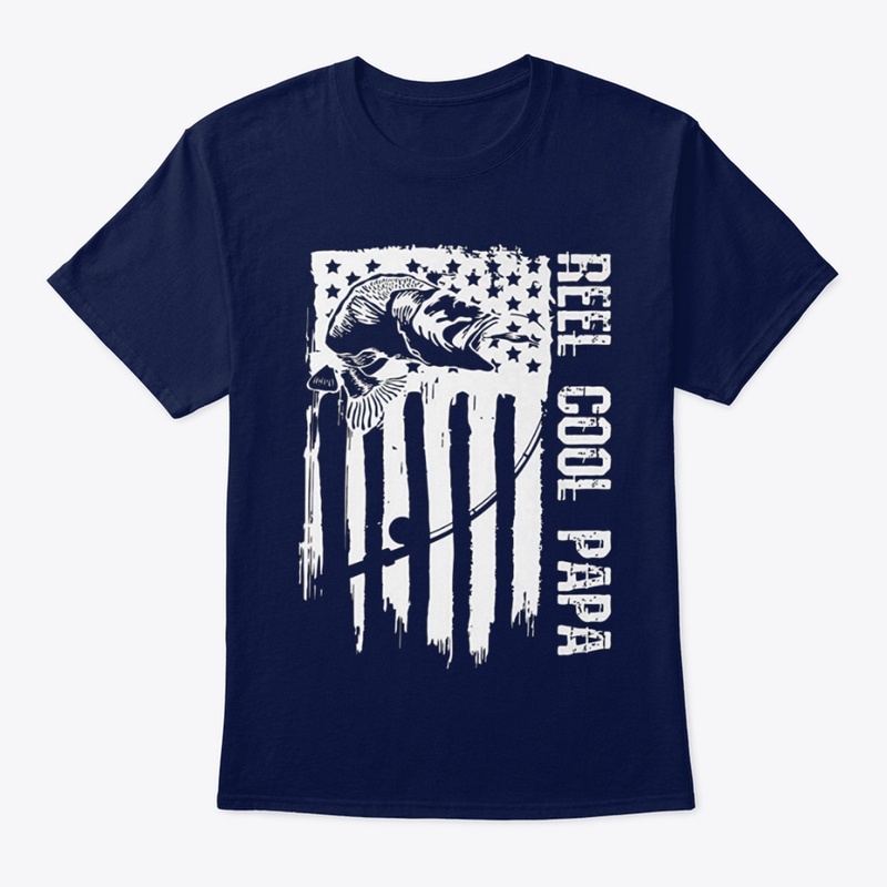 Mens Reel Cool Papa Fishing Flag USA Tee