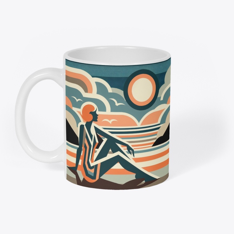 Woman on Beach at Sunset Art Deco Design