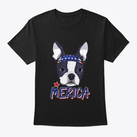 Boston Terrier Merica Bandana Usa Flag 4 Black T-Shirt Front