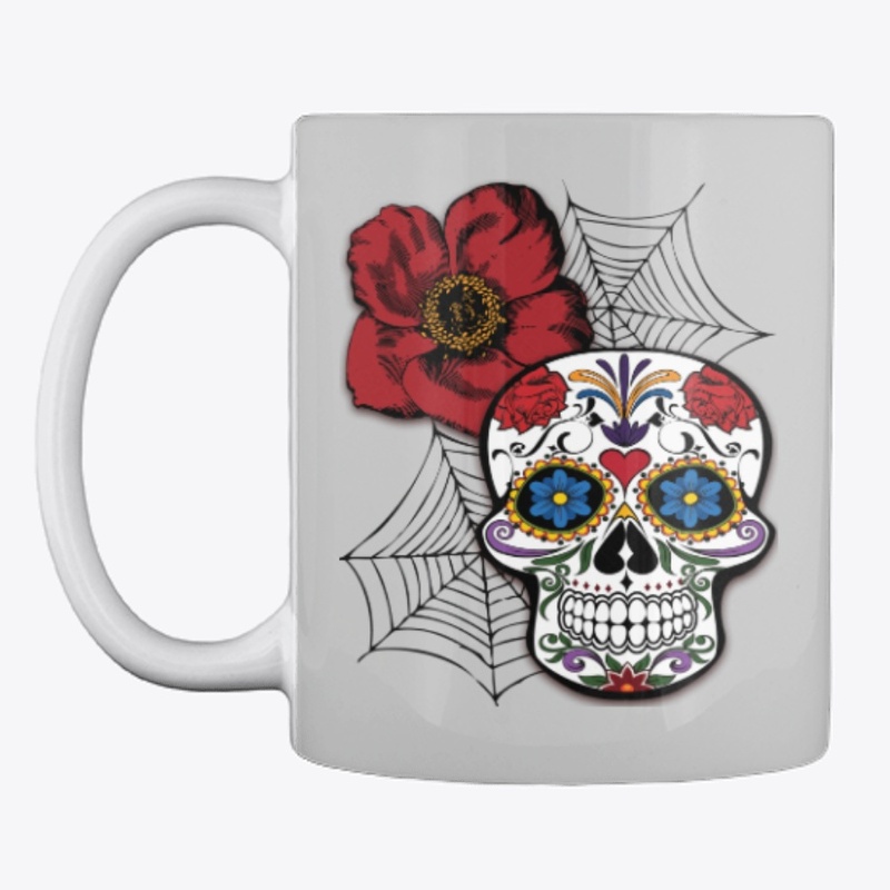 Colorful Sugar Skull with Red Flower