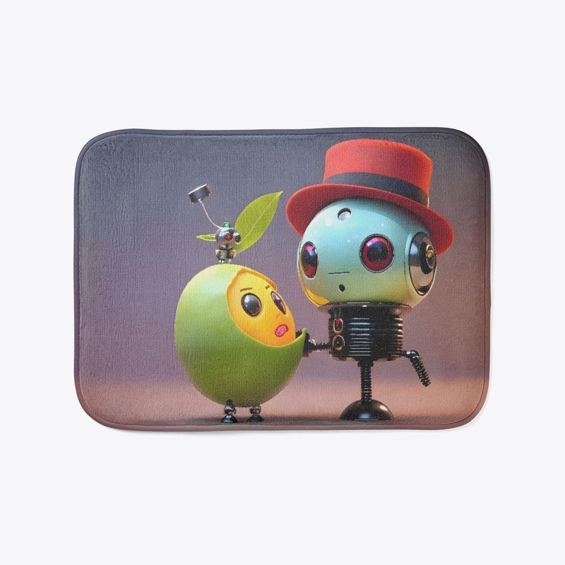 A mango with a robot with a top hat