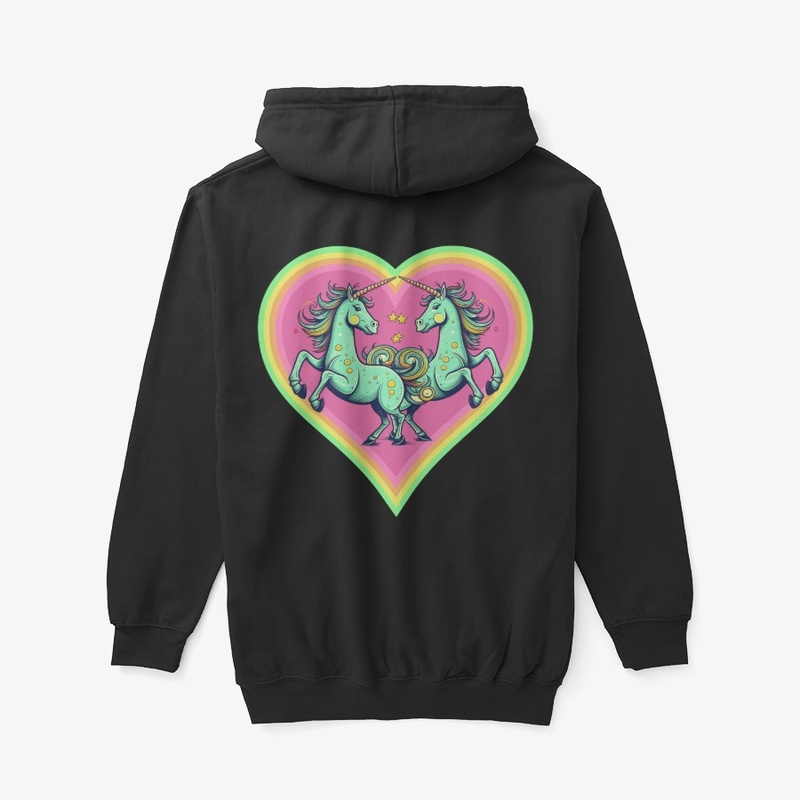 Two unicorns, stars in rainbow heart