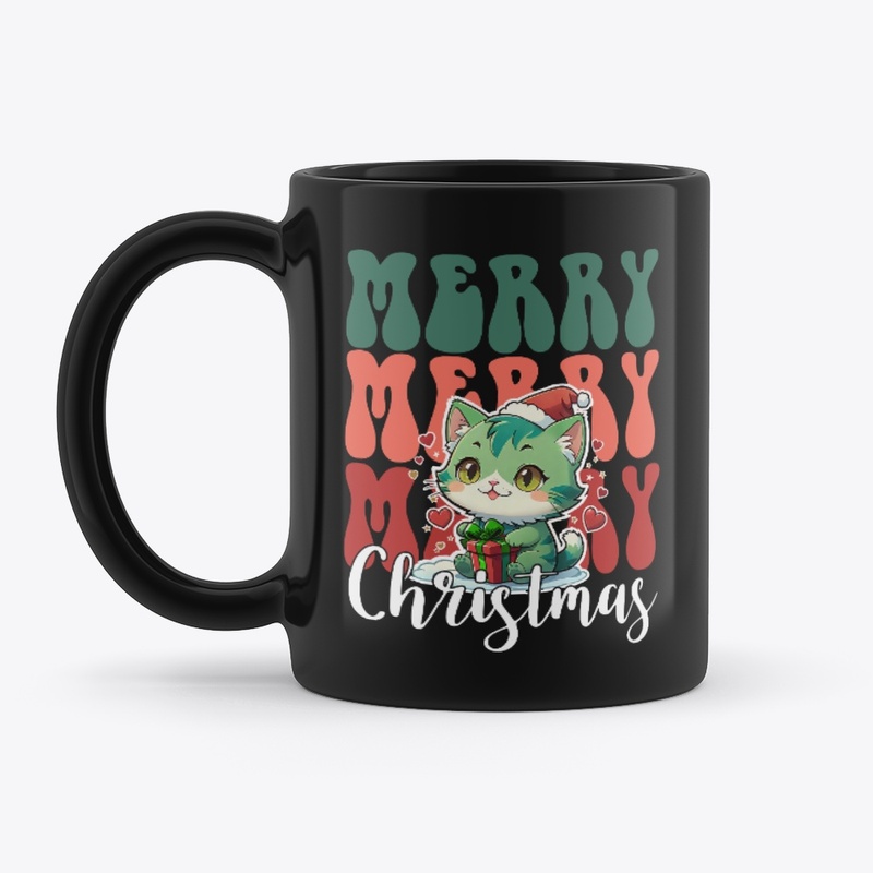 Retro Merry Christmas, green cat