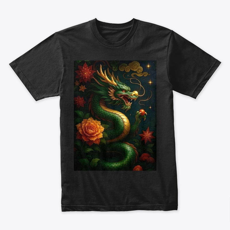 Golden Horned Dragon Night Sky Flowers