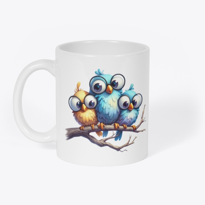 Funny birds on mug.