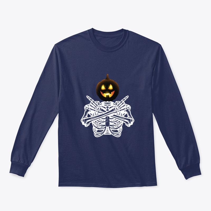 Funny Halloween Pumpkin Head On Skeleton