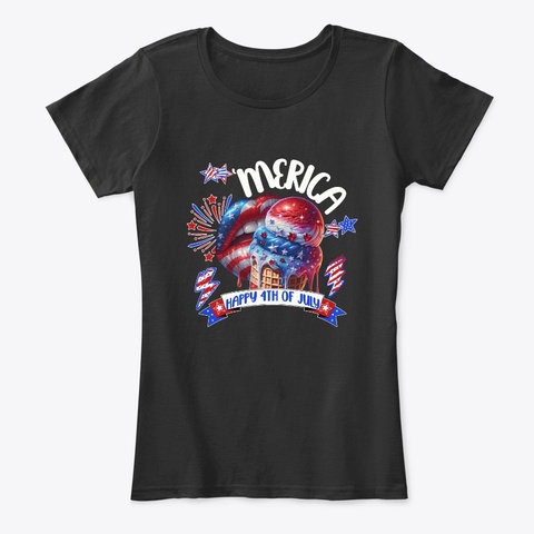 'merica Lips American Flag 4th Of July Black T-Shirt Front