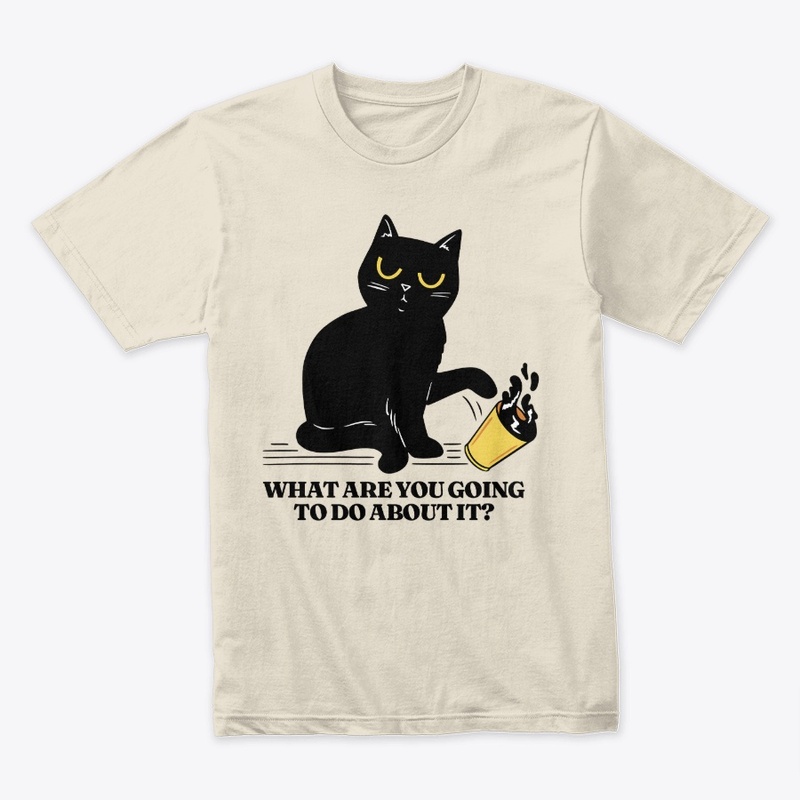 Defiant Black Cat Knocking a Coffee Cup