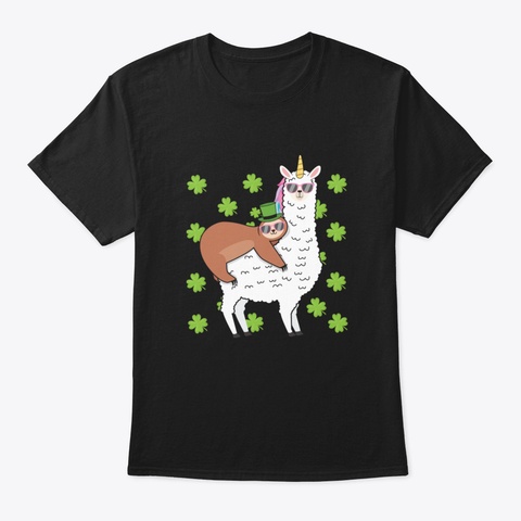 Leprechaun Riding A Unicorn Llama Sloth  Black T-Shirt Front