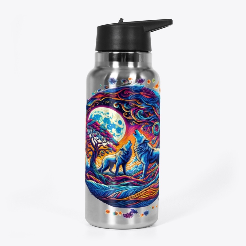 retro design of wolves at night 