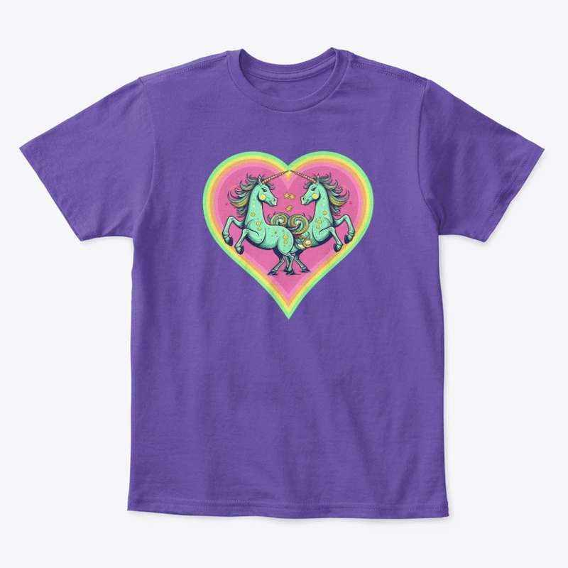 Two unicorns, stars in rainbow heart