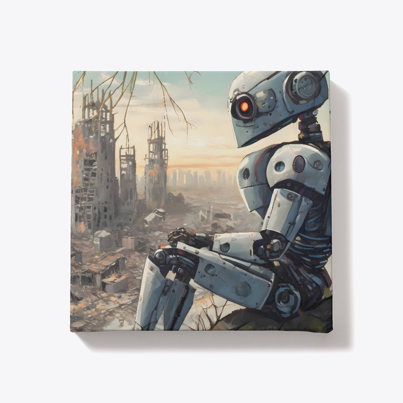 Robot looking at a ruined city