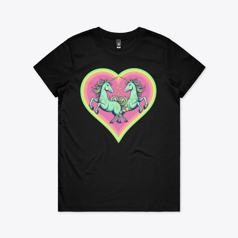 Two unicorns, stars in rainbow heart 